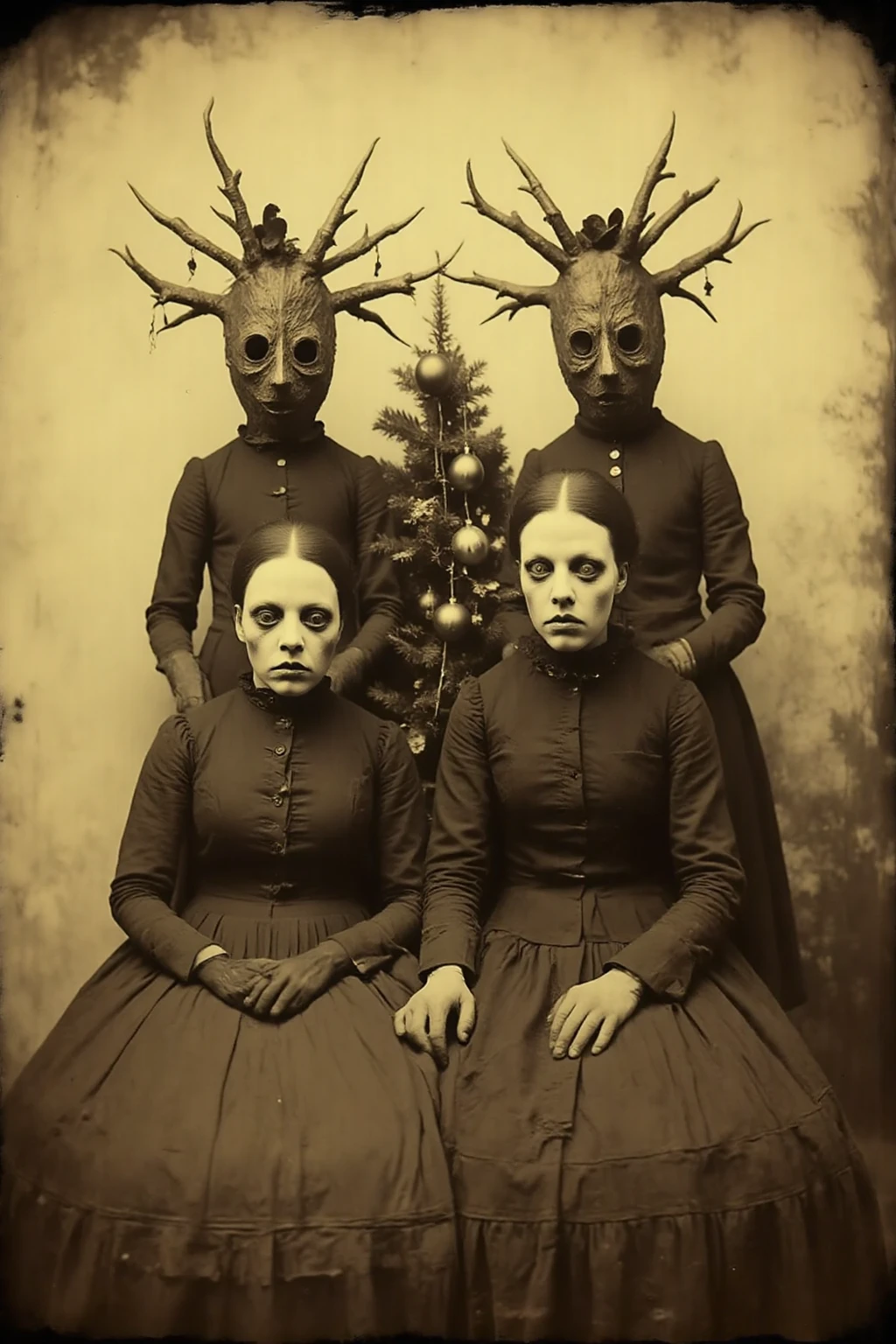 A ((Very old photograph in sepia tones only, monochrome)) surreal, gothic-style image featuring three weird kids with pale skin and striking facial features, including high cheekbones and dark, dramatic makeup. Both children are dressed in black Victorian-era clothing. They are standing with their backs to a biomechanical creature that is holding a rectangular object studded with nails between them. The background is a desolate, misty forest with strangers trees, adding to the eerie and spooky atmosphere of the scene. vintage, photorealistic, early science fiction, Intricate Details, from the film Metropolis, inspired by Fritz Lang's Metropolis, Directed by Fritz Lang. Retrofuturism, 1920s, Old sci-fi film, ((motion picture film)), Ultra detailed, Chiascuro, Intricate, Sharp focus, Studio photography, Highly detailed, Photorealistic style, Hyperrealistic, High dynamic range, B&W, Realistic textures, 8K UHD, Nikon D 850, Kodak Portra 400, Fujifilm XT, 3D rendering.