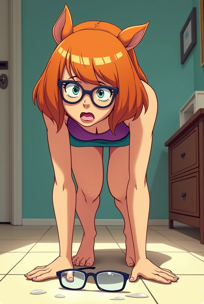 Koyomi Mizuhara, Brunette hair, brown hair color, long hair, bangs, glasses, teenager, Sailor school outfit, red top, brown skirt, black thigh socks, brown shoes, Highschool, tall girl, breasts, luscious lips, concept, Jack-o-pose Trend, laying down, her thighs arch upward, Legs split apart, sitting, arms resting