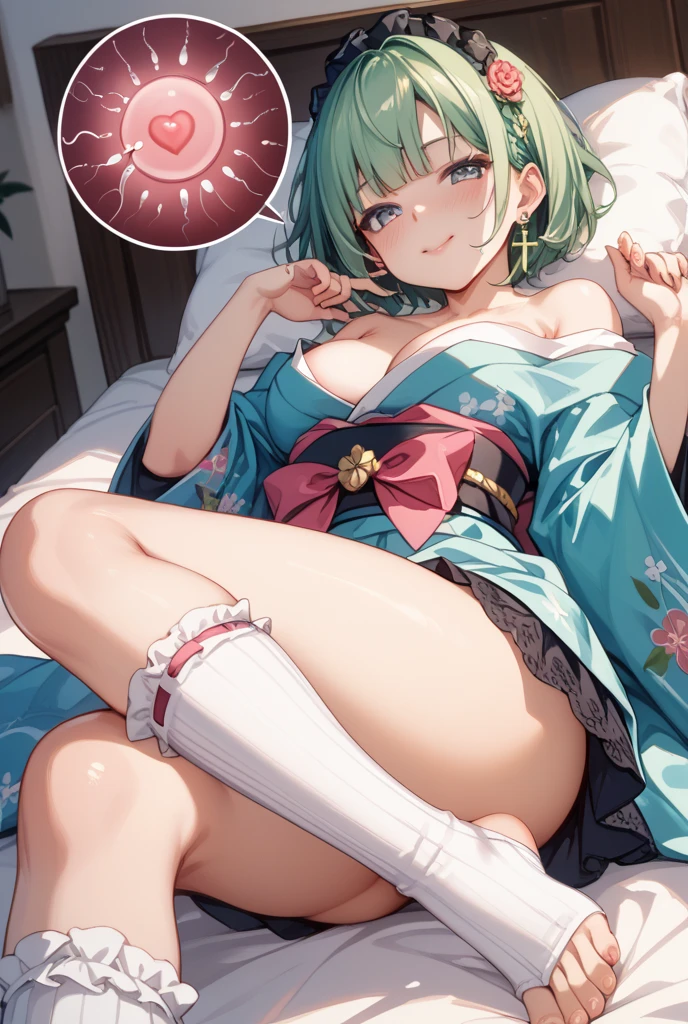 {best quality}, {very aesthetic}, {ultra-detailed}, {best illustration}, woman,((light green long ponytail)),(pink eye),pov,((orgasm face)),(steam),(light red bow bra),1woman,(light red bow panties),nsfw,(from below),(white nurse),(feet up)