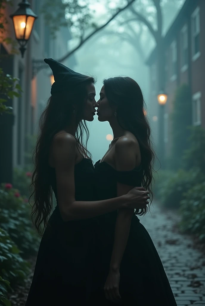 On a dark and stormy night, two lovely lady vampires lovingly kiss and embrace on Egypt Row in the old Highgate Cemetary in England. They are dressed stylishly and revealingly.