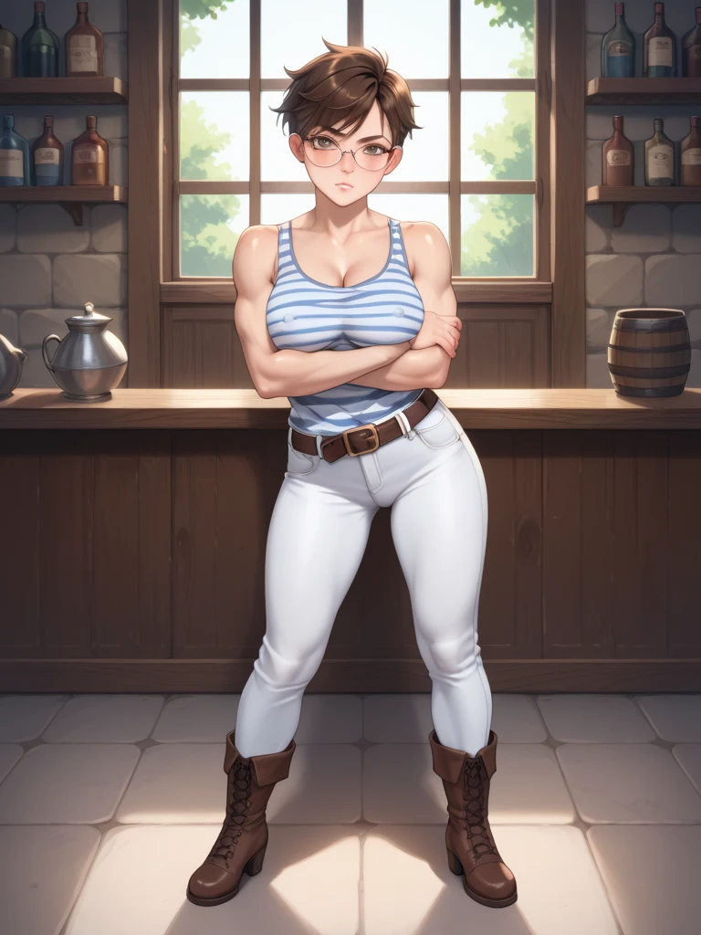 (Masterpiece) (High Detail) (High Res) (Black Skin) (Anime) (Full body picture) A beautiful young adult, black humanoid FutEred, dark skin, soft detailed face, detailed green eyes, short scruffy black hair, goat ears, short symmetrical black goat horns, looking smug at the camera, toned body, small breasts, wearing a leather work apron and loose pants, dressed like a blacksmith, working in a smithy