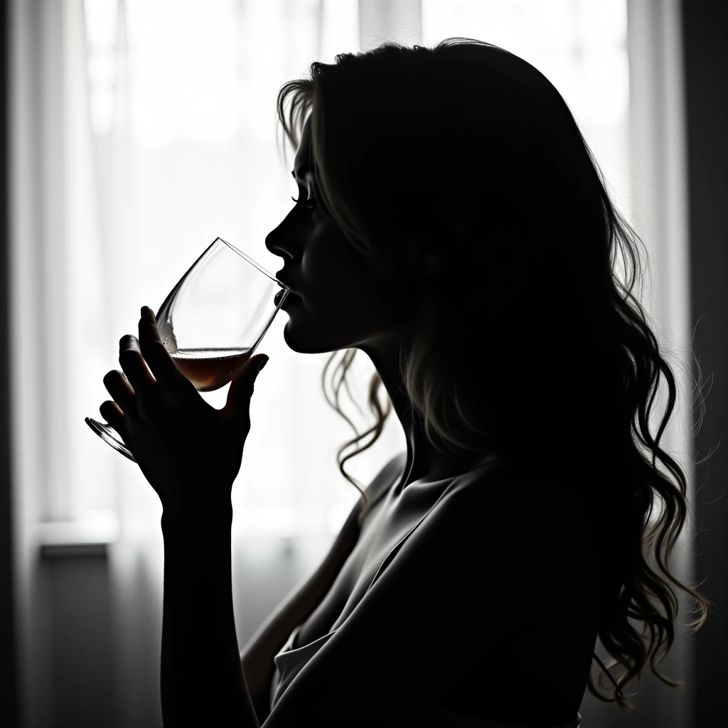 A black-and-white fashion photograph with the grain of analog film, and high contrast, captured from a low angle from behind a beautiful model woman's ass, a naked woman with open legs and lying on a couch. She is holding a bottle of wine and holds a sheer white sheet that delicately drapes over her body exposing her breasts and below the waist, creating soft, translucent layers. Her legs are bent, adding a dynamic element to her pose. Her hair is wavy and slightly damp, contributing to a sensual, natural aesthetic. The grainy, film-like texture, combined with the monochromatic tones, evokes a timeless and intimate atmosphere, the grain emphasizing the elegant interplay of light, shadow, and texture in the composition.