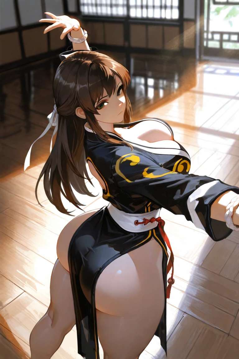 (8k, best quality, masterpiece:1.2), (realistic, photo-realistic:1.37), (full body), 1female solo girl, standing, legs apart, (wide stance) standing contrapposto, ultra-detailed, 1girl solo, cute (tifa lockhart) (large breasts:1.5) (beautiful detailed eyes) (smile:1.2) (closed mouth) sharp focus, depth of field, good composition, Final Fantasy VII, very long straight hair, hair bang ((red_eyes)), intricate, bokeh (Tetsuya Nomura style) perfect breasts, white tank top, black thong, suspenders, gloves, stockings, toned body, athletic, wide hips, thin waist, toned arms, exposed abdomen, view from behind, NSFW breasts), hdri, extremely naked, nude, nua, pelada, nsfw, perfect proportions human body, gigantic breast 1.9
