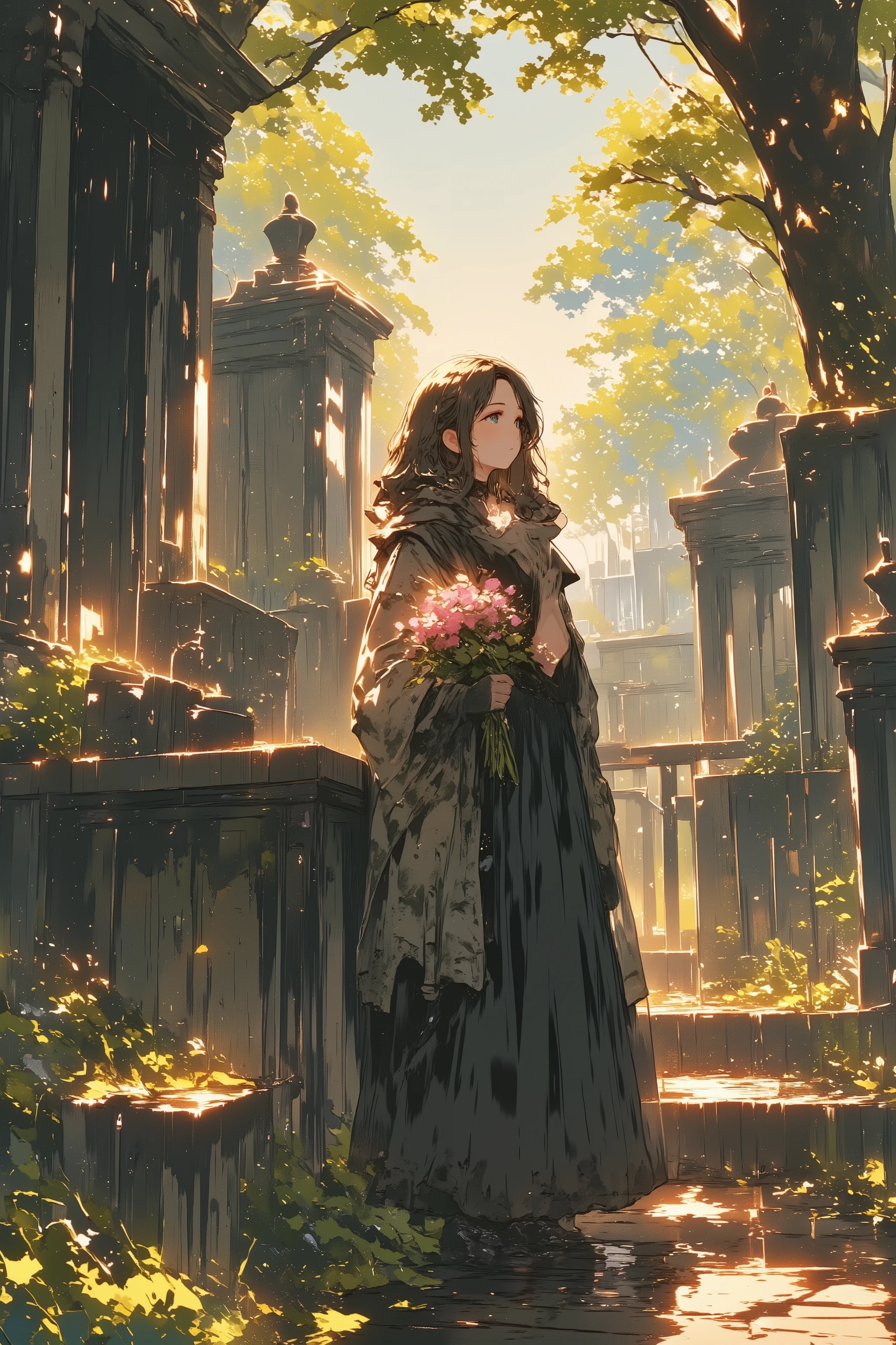 whispering-light, a graceful woman in a dark gothic mourning dress with lace gloves and a veiled hat, holding a bouquet of pink flowers, visiting a grave at a quiet cemetery during dusk, surrounded by old moss-covered gravestones and soft overgrown grass, warm fading sunlight casting golden rays through the trees, gentle rain falling, her expression calm and sorrowful, subtle light particles in the air, anime style movie background, emotional and ethereal atmosphere