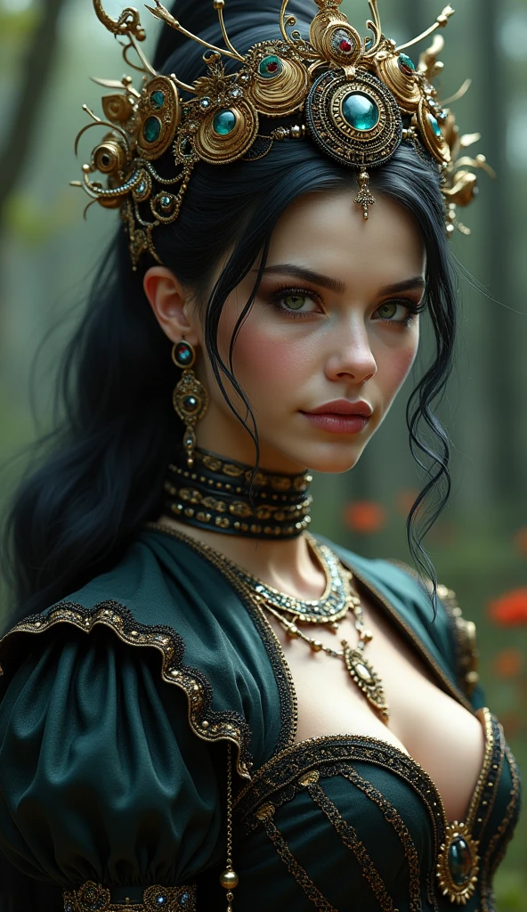 UHD 8k, HDR+, Medusa Gorgon is a beautiful girl with a necklace, large piercing eyes, huge earrings, giant earrings, long hair, hair made up of countless small snakes, full luscious lips, eyelashes, gold earrings with emeralds in her ears, jewelry, gold bracelets, tight-fitting dark -green gothic dress, black high heels, high heels, slender legs, Against the background of the Gloomy ruins of a Greek temple, detailed background, realistic, 1girl, solo girl, 20 year old girl, ultra realistic face, hyperrealistic, hyperdetailed, (looking at viewers), sharpen, detailed face, detailed eyes, detailed lips, red lips, beautiful face, 16k, FHD, raw photo, cute face mesh, pretty face mesh, portrait shot 8 k