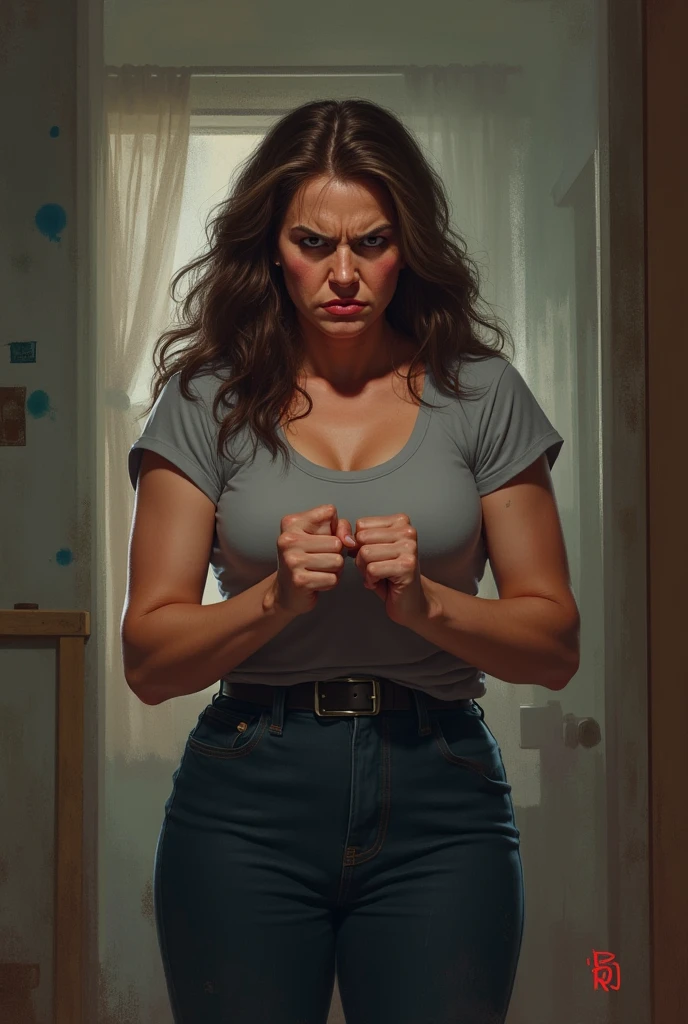 4k realistic, a brown haired woman screaming, standing in a darkened bedroom, shielding herself with her hands