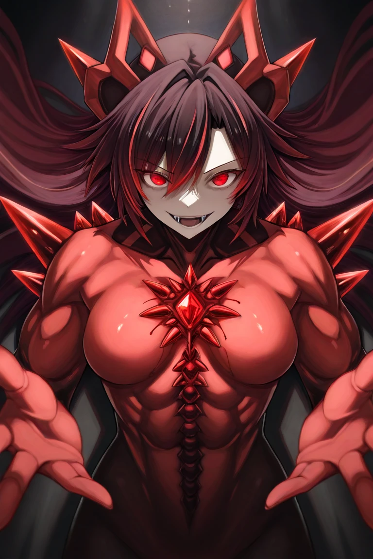 Long red hair, yellow eyes, evil, sexy, black and red clothes, cute hairstyle, evil face, evil, serious look, gloss lips, sinister, front look, bloody, gloves, (((19 years old, large breasts, triple D cup breasts, round buttocks, bubbly buttocks, wide hips, bubbly ass, fit and strong)), beautiful eyes, short dress, big white, dark place, night, sensual, straight hair cut, clear skin, evil, young 30 years girl, adult girl, solo, red, very long hair, (((Older mature woman)))