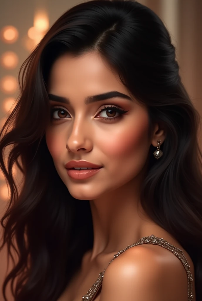 pakistani  girl, XXXL big boobs, portrait style picture, long brown hair, brown eyes, full body shot, vibrant 