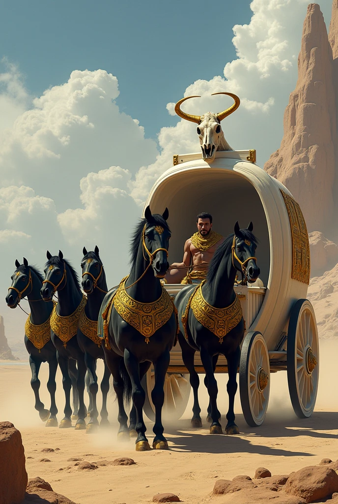 A young skinny prince white skin beautiful face handsome shirtless in a small Roman carriage with 4 horses in the desert miestras otro romano lo persigue