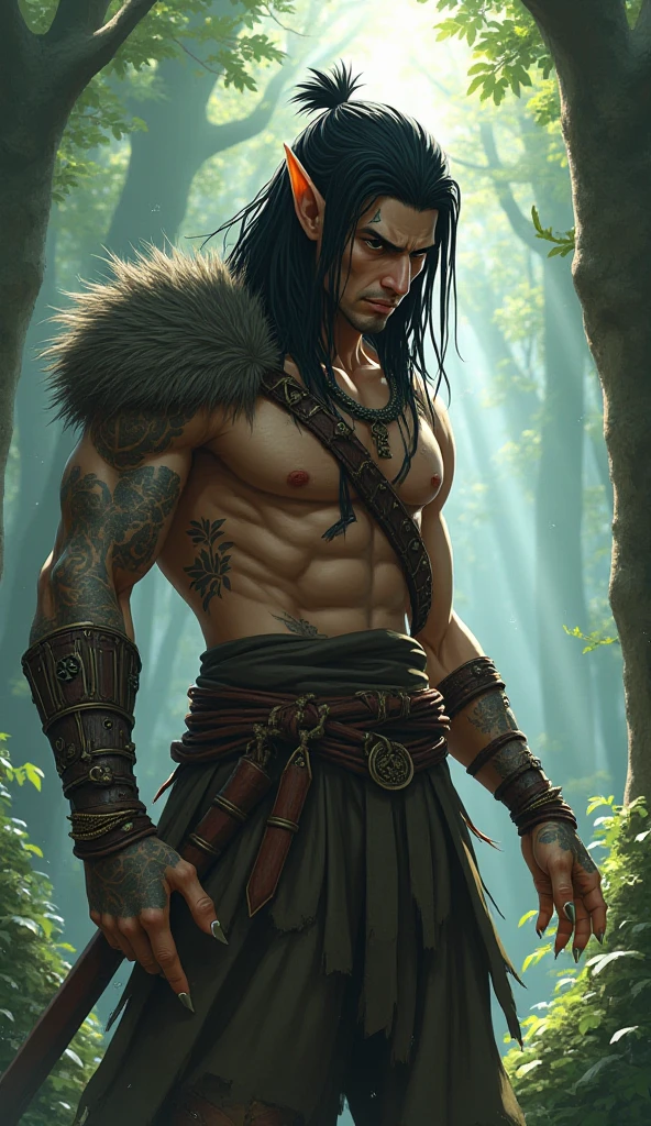 handsome teenage caveboy, very short hair, fur loincloth, deep pine forest