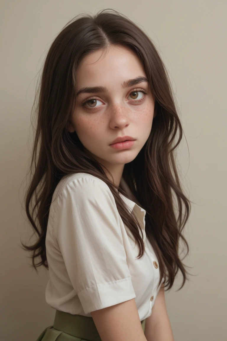 professional, masterpiece, 8k, hyperrealistic portrait of a 19yo cute brunette girl, long hair, (looking shy:1.3), freckles, detailed face, detailed skin, photography, hq, photorealistic,