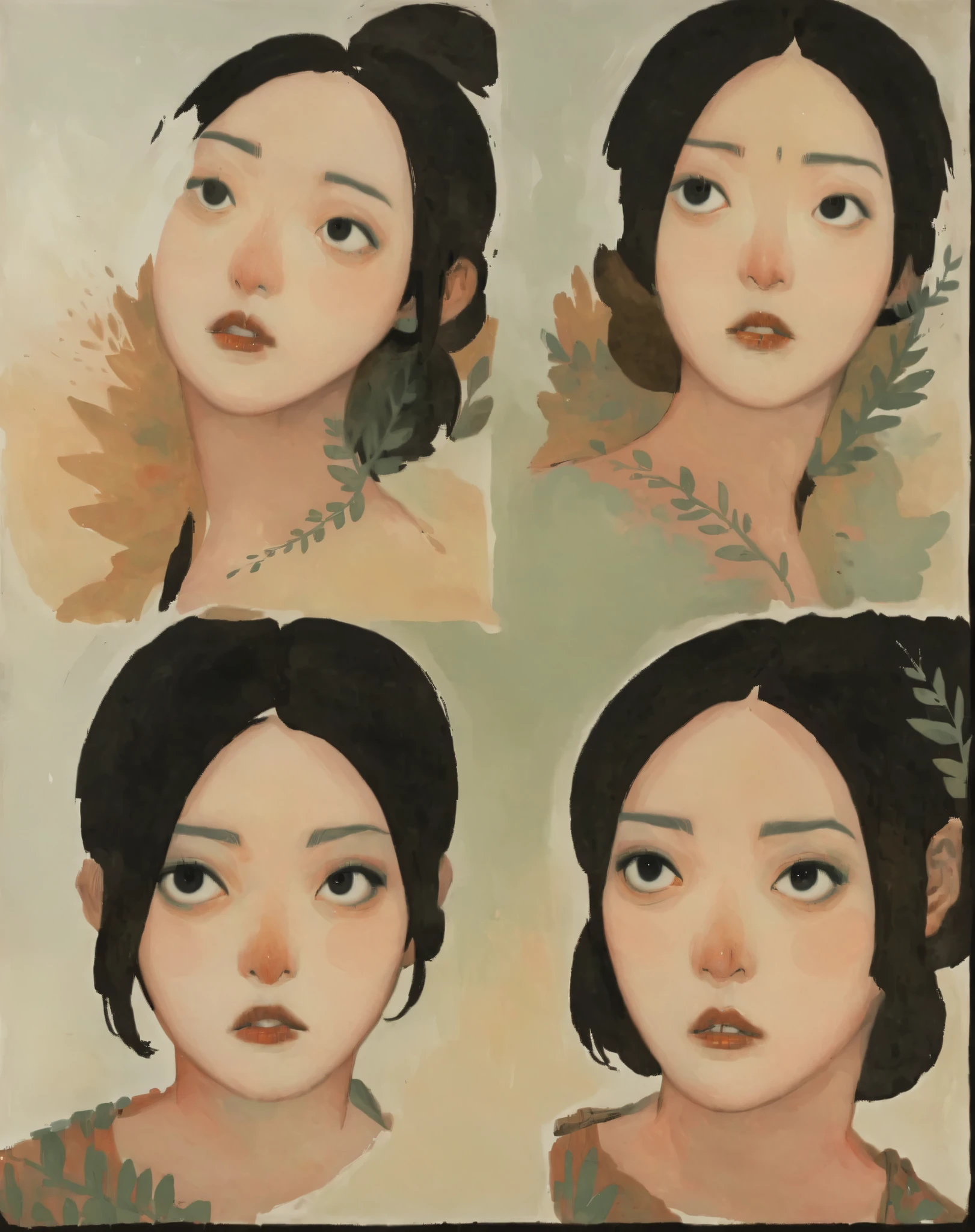2D ART, hyper detailed gouache painting, illustration, gougoupaintleaves style, portrait of a man, 1girl, solo, black hair, black eyes, black sclera, detailed face, handsome features, detailed body, pointy ears, standing in a dark forest, on simple white background, face_portrait, very detailed,
