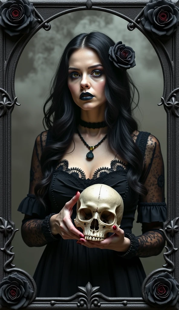 painting of a WITCH, very beautiful, perfect hands. long black nails, black lace clothes, holding a human skull in her hands, cinematic scene, volumetric lights, ultra realistic, in the style of nicola samori