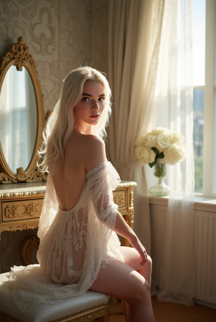 girl sits on a bench in front of a dressing table in a palace bedroom, she opens her sheer white lace tunic to look at her naked body in the mirror, she has long white hair, she has mesmerizing gaze, dark eyes with highlights, sensual face expression, detailed face, small breasts, open armpits, slim body, back dimples, buttocks are visible, small buttocks, anatomically correct, dynamic pose, very realistic pale skin with vellus hair and small moles, very detailed skin texture, rays of sunlight breaking through the curtains shine on her naked body, high quality, masterpiece, photorealistic, dramatic lighting, cinematic lighting, volumetric lighting, beautiful light, realistic, masterpiece, professional photography, an analog photo, film photography, highly detailed, intricate details, add detail, rococo style interior, large window with tulle white curtains, there are white flowers in a luxurious vase, stucco decoration on the walls, UHD, full body view, side view,
