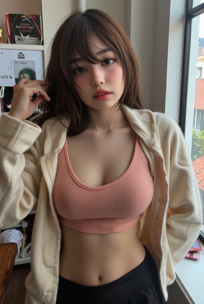 ((Best Quality, 8K, Masterpiece:1.3)), 1girl, (long hair, Hairstyle Casual, Big Breasts:1.2), (Wearing white tank top and black hoodie:1.2), in living room