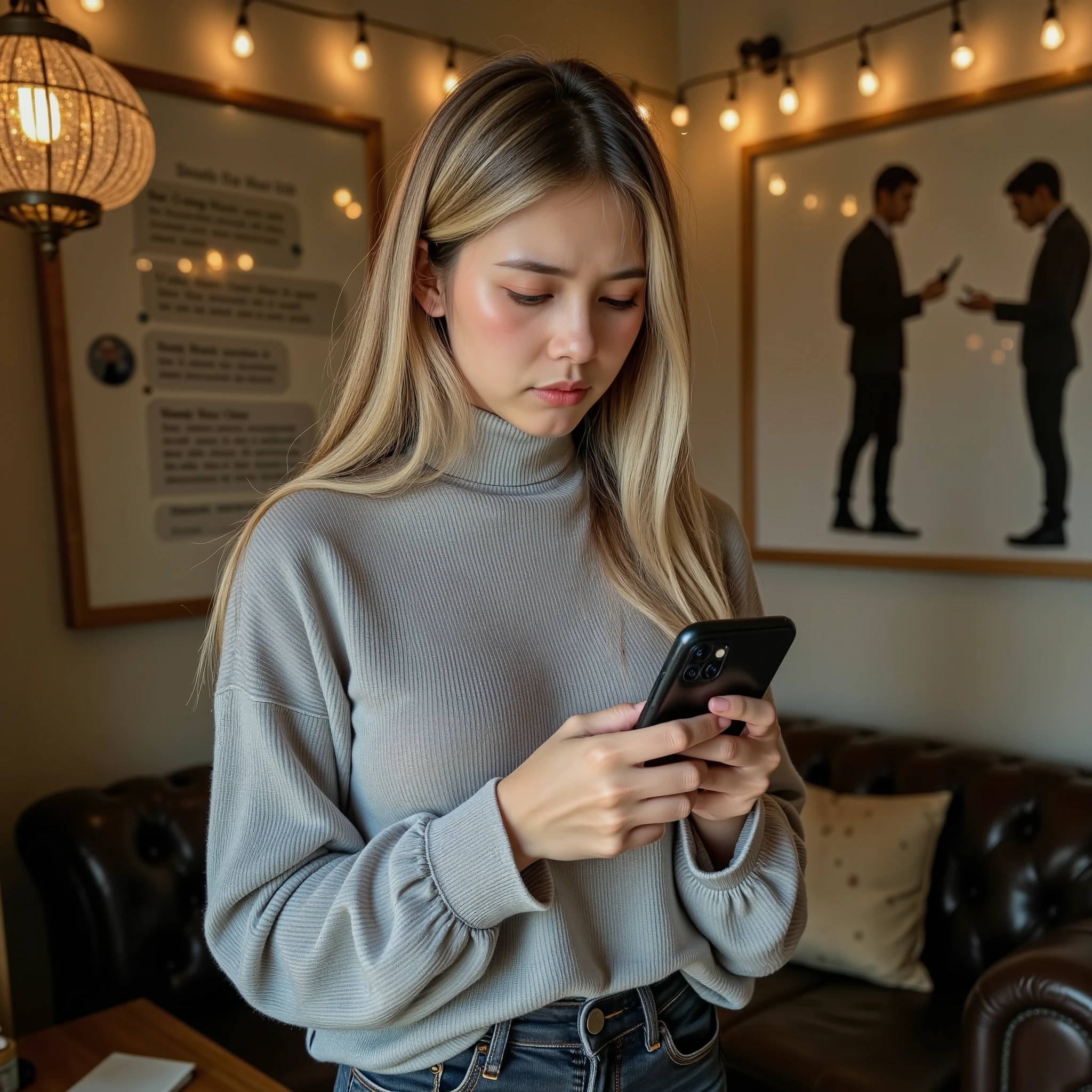 beautiful blonde woman standing in a cozy, softly lit room, looking down at her phone with a concerned and confused expression on her face, as if reflecting on a recent conversation. Her body language is slightly tense, as if she's trying to make sense of the emotional impact the conversation had on her. In the background, the soft glow of warm lights contrasts with the cooler tones around her, symbolizing the emotional tension. She's wearing a casual yet stylish outfit: a loose, light grey sweater with a slight turtleneck, paired with dark jeans that fit comfortably. Her long blonde hair flows loosely around her shoulders in gentle waves, catching the light. The atmosphere is quiet, almost reflective, with the phone in her hand being the focal point. The scene captures the moment after a conversation, where she’s feeling emotionally drained, but unsure why. A subtle image of a blurred conversation thread or a faint image of two figures talking can appear in the background to hint at the idea of a toxic or misunderstood