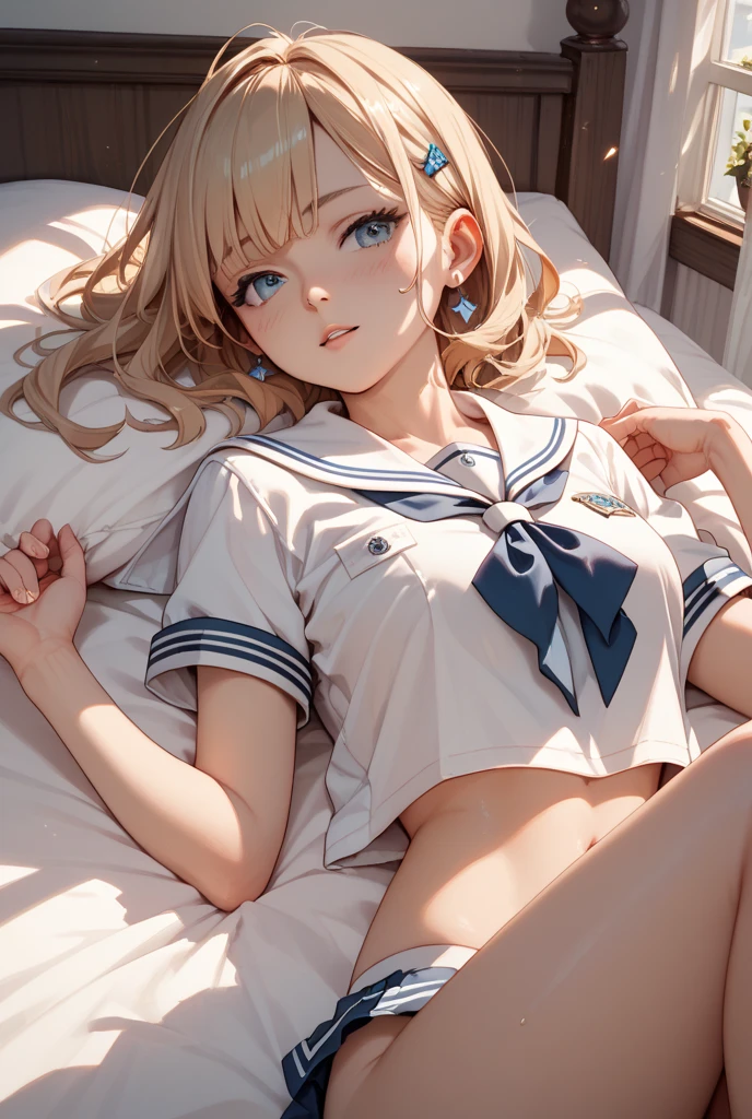 blonde, short hair, girl1, sleep in bed, upper body, completely nude, (small nipples:1.2), (small areolas:1.2),
kawaii, cute, pale purple eyes, blue sailor uniform lift, blue bowtie, (open white shirt),