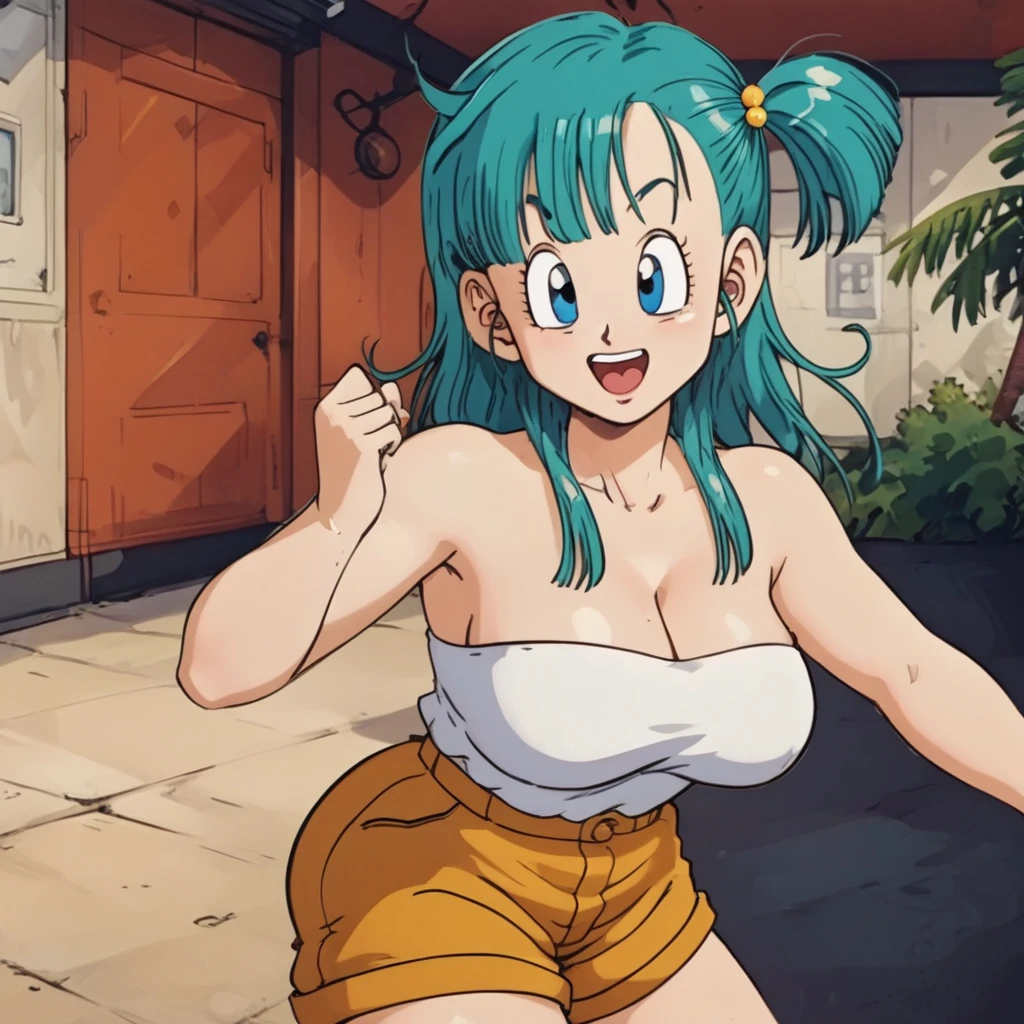 /gen lum, bangs, blue hair, blue eyes, aqua hair, eyeshadow, sharp, masterpiece, score_10, score_9, score_8_up, anime screencap, seductive, huge breasts, round breasts, Large stature, solo, outdoors, outside background, perfect fingers, 5 fingers, perfect hands, upper body, cute face, red lingerie, strapless bottom, (smile), Uncovered, large breasts, thighhigh boots, unveiled, pouting face, genderswap, corset, undressing eyes, tongue out, Non-blurry fingers, high resolution, from side, red hair bow, pants on knee,