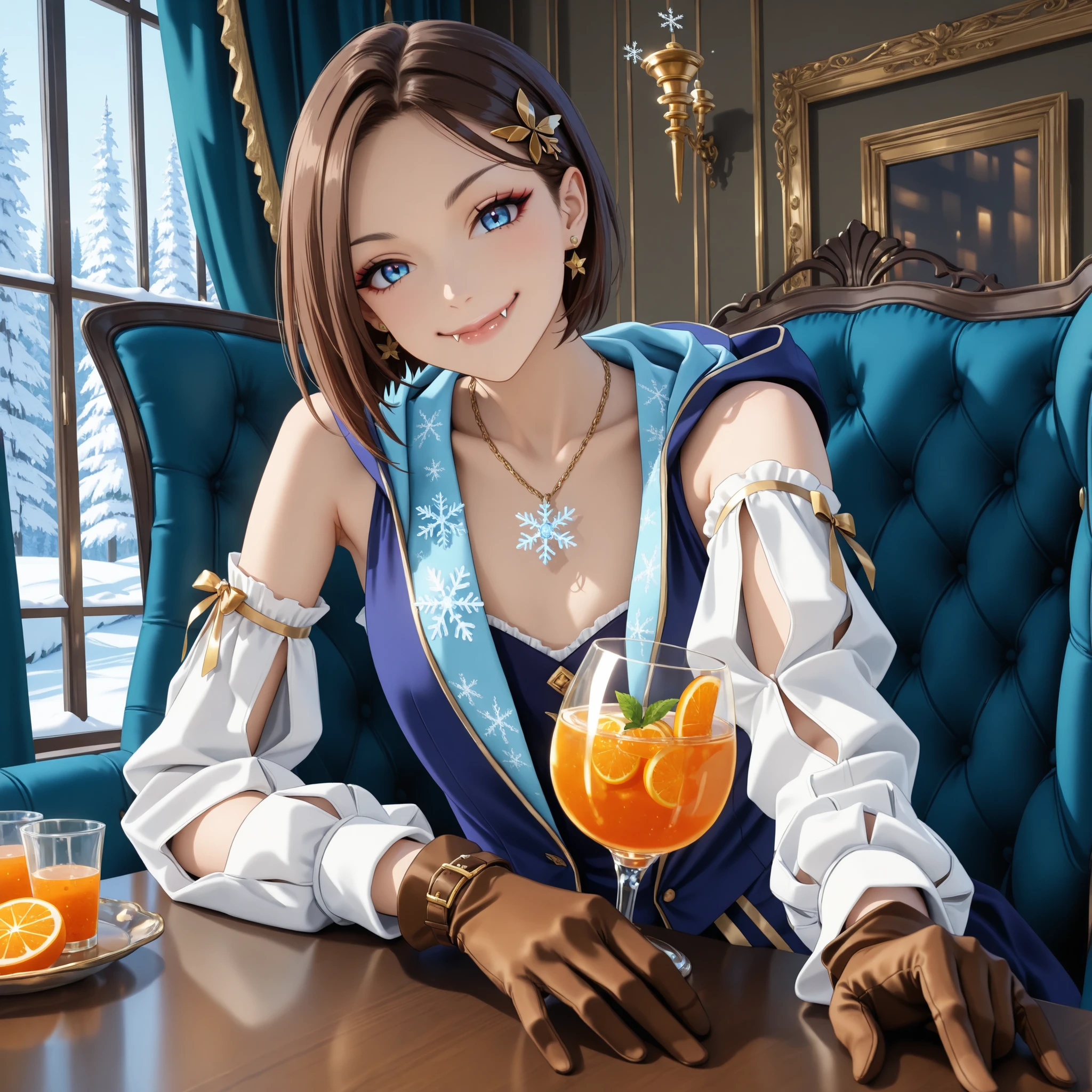 lone, solo, feminine vampire sorceress 1girl, cute, pretty, half european, half asian, model pose, fashion, luxury, luxurious, wealthy, clean, (young), beautiful, short, petite, thin, Rinwell sorceress outfit, hood, fantasy outfit, luxurious diamond necklace, close view of chest area, close up of flat chest, gold ribbon, magical blue eyes, short dark brown bun hair, parted bang, blue cloak, sleeveless fantasy jacket, gold hairpin, dress hair ornament, magical orb necklace, detached sleeves, bare shoulders, brown gloves, earrings, clear night sky, magical circle, ice shards, snowflakes, Winter landscape, pine forest, ivan-shishkin landscape, (surrounded by Frost spells:1), (huge Vampire fangs), dominant, arrogant, smug, confident, evil, mean, mischief, cocky, (sexy:1), sly, playful, flirting, stoic, dominant, royal, looking down at viewer, taller than viewer, (mischievous mean smile:1), haughty, closed lips, looking at viewer, high resolution, sitting, anime, (from below:1), masterpiece, date night, table, orange juice, dating, 