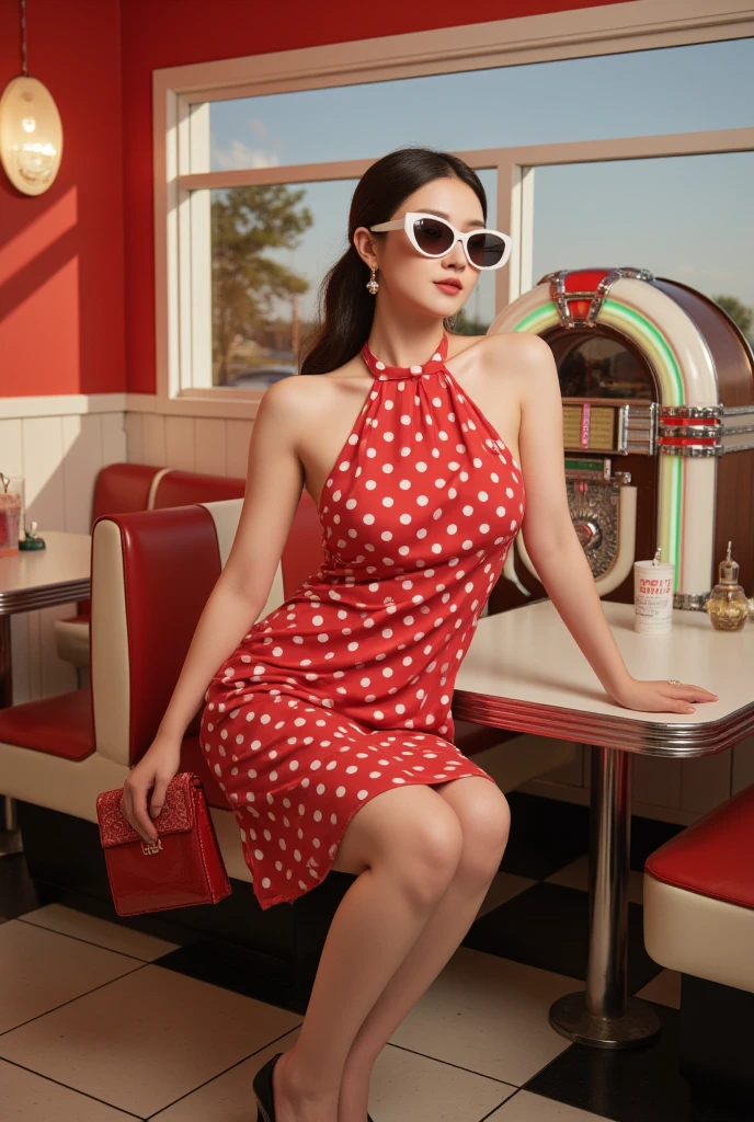 Classic 60’s pinup girl, stunning face, smiling, half body shot, polka dot dress, cleavage, J Scott Campbell style, 8k, ultra sharp,