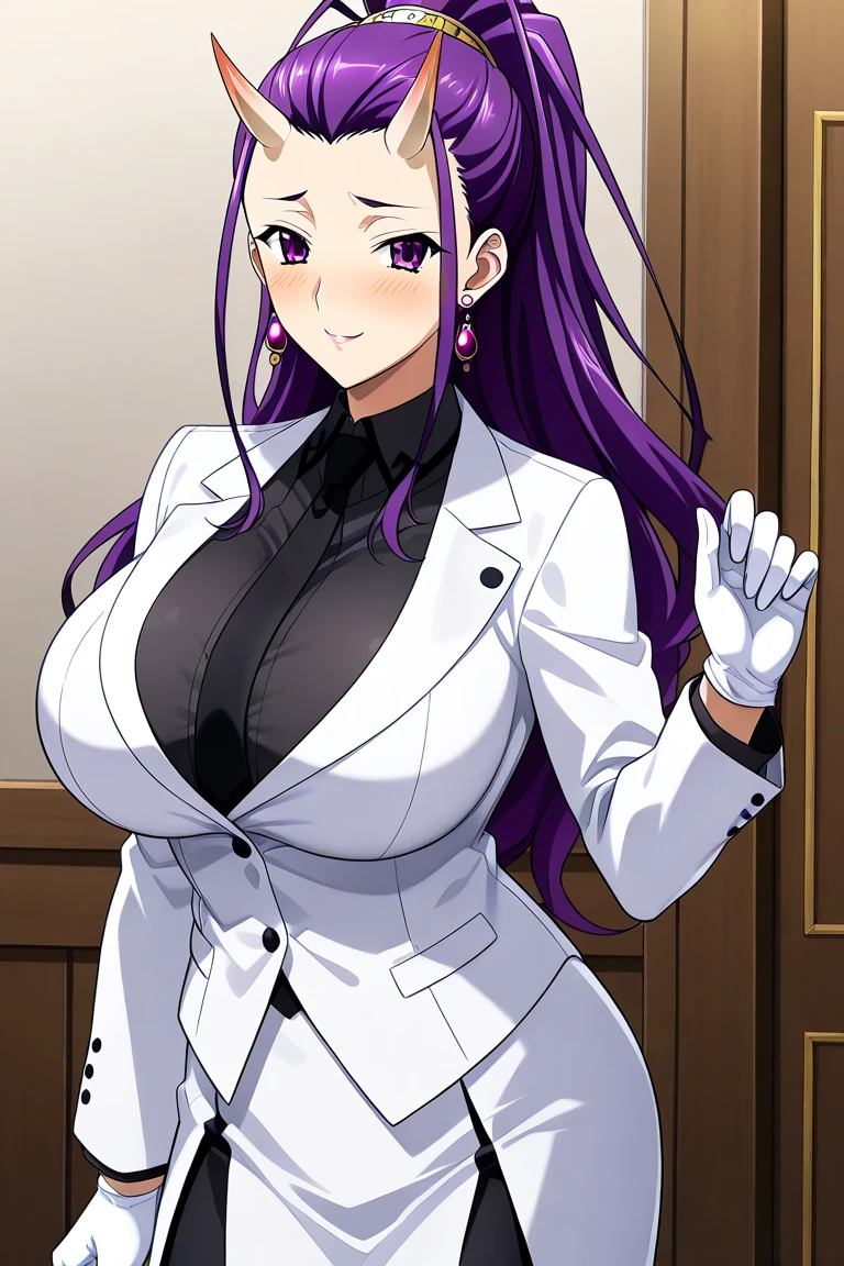 An anime-style artwork depicting shion from the anime tensei shittara slime datta.

Tags: shion, anime, detailed eyes, detailed lips, belt, belt buckle, black belt, buckle, cleavage, collarbone, jacket, long sleeves, office lady, pants, purple jacket, purple pants, wing collar, green collar,, smiling expression, intense gaze, dynamic pose, indoor, palace, vibrant colors, digital art, high-resolution, professional quality, gigantic breasts, (underboob : 1.4), curvy, cowboy shot, (gigantic breasts: 1.4), shion, black horns, hair intakes, horns, long hair, oni, oni girl, oni horn, oni horns, ponytail, (purple eyes:1.1), purple hair, single horn, black horns, hair intakes, horns, long hair, oni, oni girl, oni horn, oni horns, ponytail, (purple eyes:1.1), purple hair, single horn,