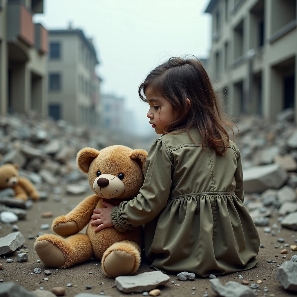 A dramatic cinematic shot of a desolate metropolis ravaged by nuclear devastation lies in ruin as a tiny, golden-haired teenager clutches a worn teddy bear for comfort amidst the rubble. The once-familiar streets now scarred and twisted, a poignant contrast to the tender grasp of youth innocence. High contrast.