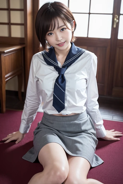 8K, RAW Portrait (Japanese women),masterpiece、Photorealistic:1.2、Realistic, Ultra-high resolution, highest quality, Real Life Photos ,( in the evening :1.1),
((((1 female:1.5))))、(Cute face:1.3)、Japanese women in the room、 beautiful、(Realistic skin texture:1.3)、(Immersive atmosphere:0.8、clair obscur:1.2) 、(Look Viewer:1.4)、((Embarrassed look:1.4))、((Red cheeks:1.3))、((Ceiling from below:1.2))、(smile:0.7)、((wearing very small satin panties))、((Panty shot))、((A woman rolling up her skirt))、((From below:1.13))、((Crotch close-up:1.49))、((Pants with emphasis on the photo))、((Spread your legs out to the side:1.4))、defMaki, ((Blue Blazer, Striped blue bowtie, Long sleeve, plaid mini skirt, Blue mini skirt)),