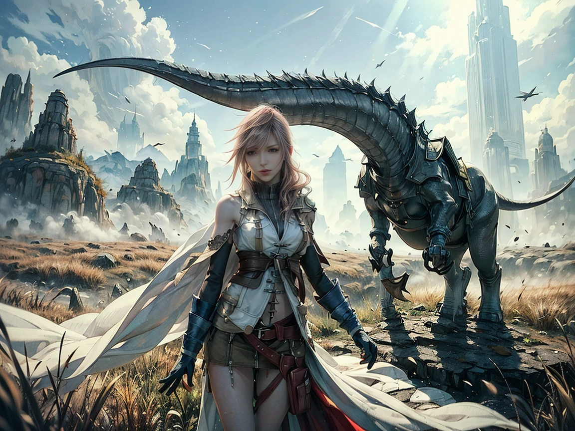 1 girl with a pet dragon, solo focus, pink wavy hair, fashion hair, light blue eyes, huge breasts, fit body, intricate paladin armor, battle poses, masterpiece, dragon pet, green tunic,ultra HD, raw photos, detailed skin textures, detailed face, detailed hair, detailed crown, perfect hands, cowboy shot, very busty, abnormally huge breasts, (abnormally huge breasts)