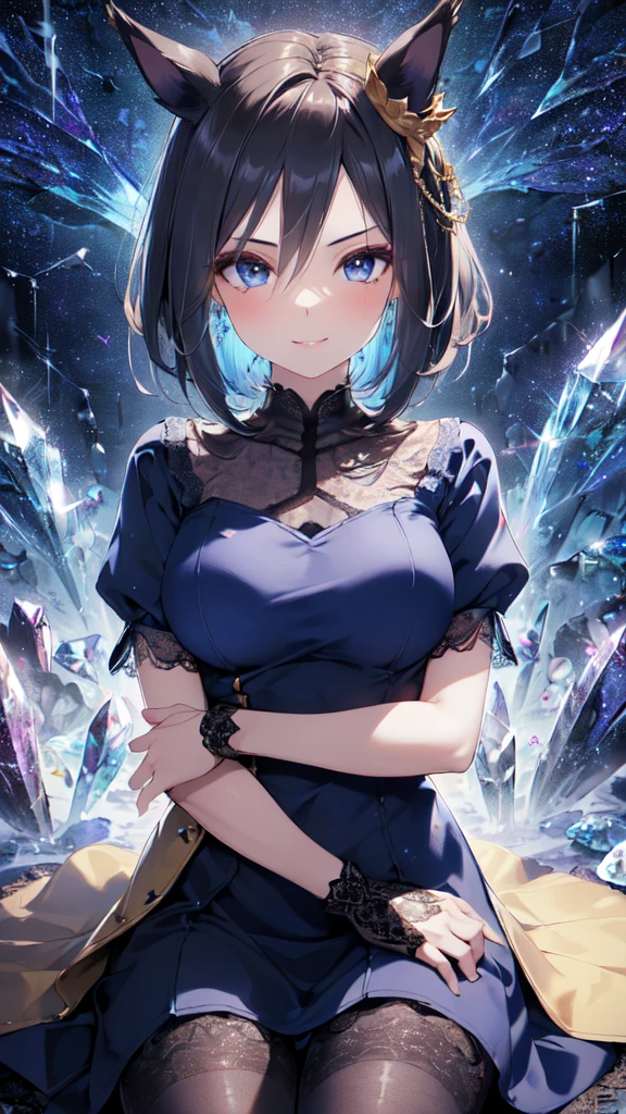 absurdres, RAW photo, extremely delicate and beautiful, masterpiece, Best Quality, ultra high resolution, 32k, hyperrealistic, ultra-detailed, perfect figure, in her 20s, very small head, very small face, delicate facial features, tearful mole, earring, medium breasts, full body shot, medium hair, black hair, Detective costume,