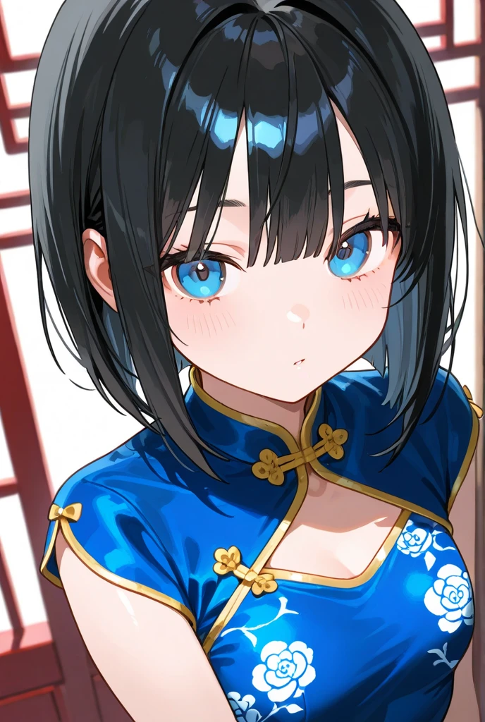 (masterpiece:1.2, best quality), (finely detailed eyes: 1.2) (ultra-detailed, hires), (detailed face, detailed eyes), (best illumination), detailed glow, high contrast, looking at viewer, ((solo)), calm, smile, squinted eyes, closed mouth, 1girl, huge breasts, wide hips, thin waist, kisaki_(blue_archive), black_hair, blue eyes, short hair, hair between eyes, double buns, sexy qipao, pink lips, face shot, cowboy shot, no background, empty background, (masterpiece, best quality, very aesthetic, absurdres), (ultra detailed perfect piece:1.2), illustration, masterpiece, (extremely detailed CG 8k), (very fine 8K CG), <lora:add-detail-xl:-1>