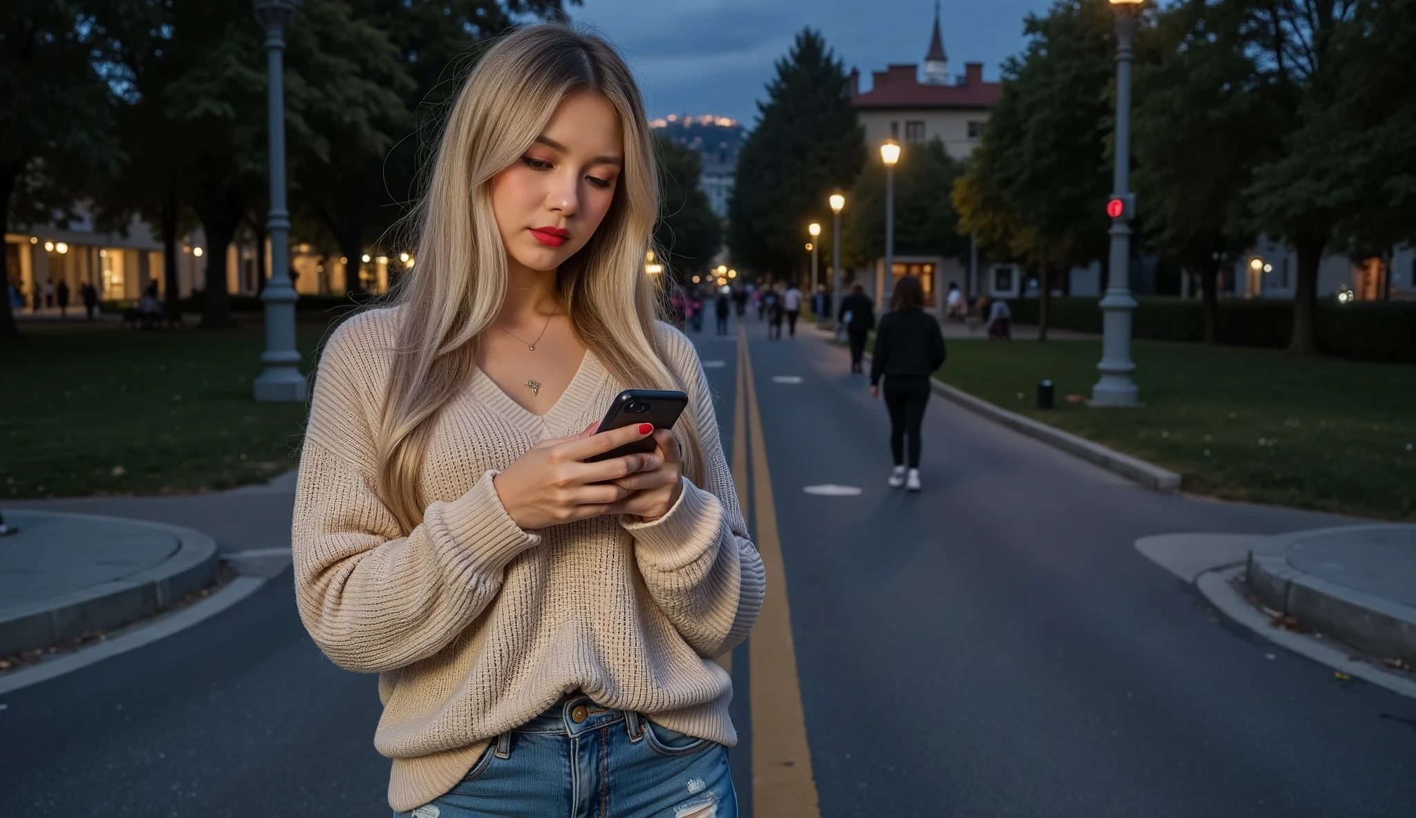 high saturated and colored photo, full body shot, realistic photography photo of sexy seductive woman with long, wavy blond hair, makeup, red shiny lipstick, (blond hair) , (sexy makeup , eyeliner , long eyelashes),
beautiful blonde woman standing at a crossroads, looking wistful and heartbroken. She’s holding her phone in one hand, looking down at it as if she’s just read a message or a text from a friend, but she’s unsure of what to do next. Her expression is one of emotional turmoil, with a soft but sorrowful look on her face. The background shows a dimly lit park or cityscape at dusk, with muted colors of blue and gray, evoking a sense of sadness and loss. In the distance, you can see a blurred figure of a former friend walking away, symbolizing the end of the friendship.
The blonde woman is dressed in a stylish yet casual outfit. She’s wearing a cozy, oversized beige sweater that drapes over her figure, with a soft knit texture that gives her an air of comfort, yet contrasts with the pain she feels inside. Her jeans are a faded blue, slightly distressed at the knees, showing the signs of everyday life. On her feet, she has a pair of simple white sneakers, adding a laid-back touch to her look. Her long hair flows loosely around her shoulders, with soft waves cascading gently, giving her a natural, effortless beauty. The light in the scene focuses on her face, subtly illuminating her features, while the rest of the scene is cast in shadow, making her the center of attention.