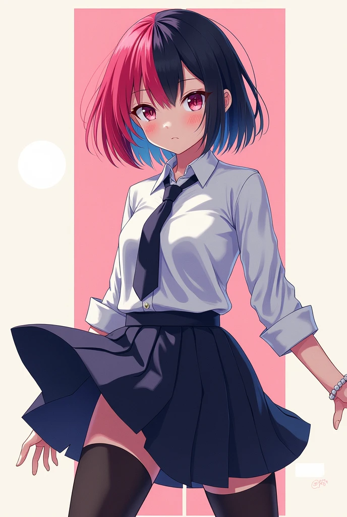 Girl in (short pleated yoke skirt),with ponytail hairstyle, with bloody hair, in neon background, wallpaper in 3D format