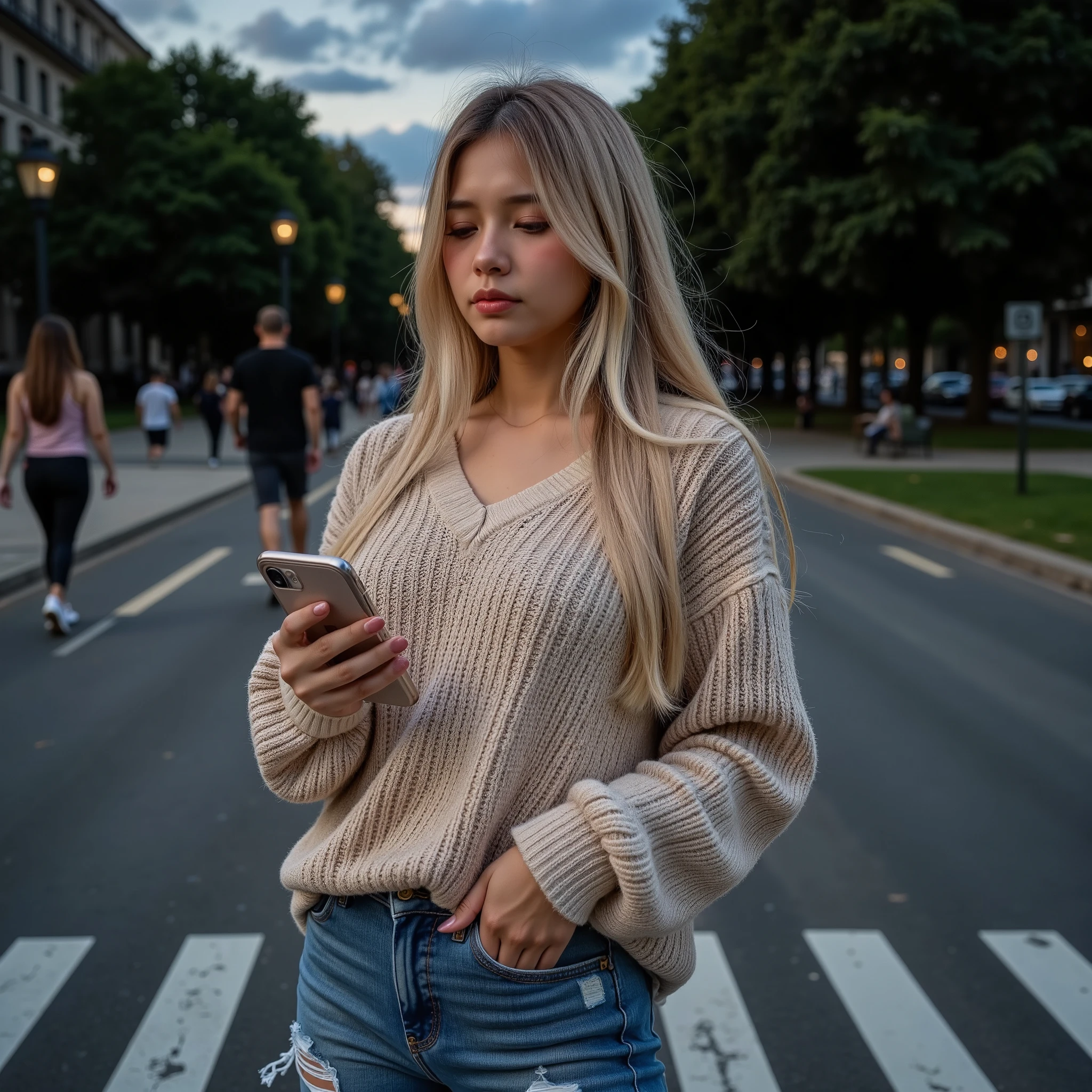 beautiful blonde woman standing at a crossroads, looking wistful and heartbroken. She’s holding her phone in one hand, looking down at it as if she’s just read a message or a text from a friend, but she’s unsure of what to do next. Her expression is one of emotional turmoil, with a soft but sorrowful look on her face. The background shows a dimly lit park or cityscape at dusk, with muted colors of blue and gray, evoking a sense of sadness and loss. In the distance, you can see a blurred figure of a former friend walking away, symbolizing the end of the friendship.
The blonde woman is dressed in a stylish yet casual outfit. She’s wearing a cozy, oversized beige sweater that drapes over her figure, with a soft knit texture that gives her an air of comfort, yet contrasts with the pain she feels inside. Her jeans are a faded blue, slightly distressed at the knees, showing the signs of everyday life. On her feet, she has a pair of simple white sneakers, adding a laid-back touch to her look. Her long hair flows loosely around her shoulders, with soft waves cascading gently, giving her a natural, effortless beauty. The light in the scene focuses on her face, subtly illuminating her features, while the rest of the scene is cast in shadow, making her the center of attention.