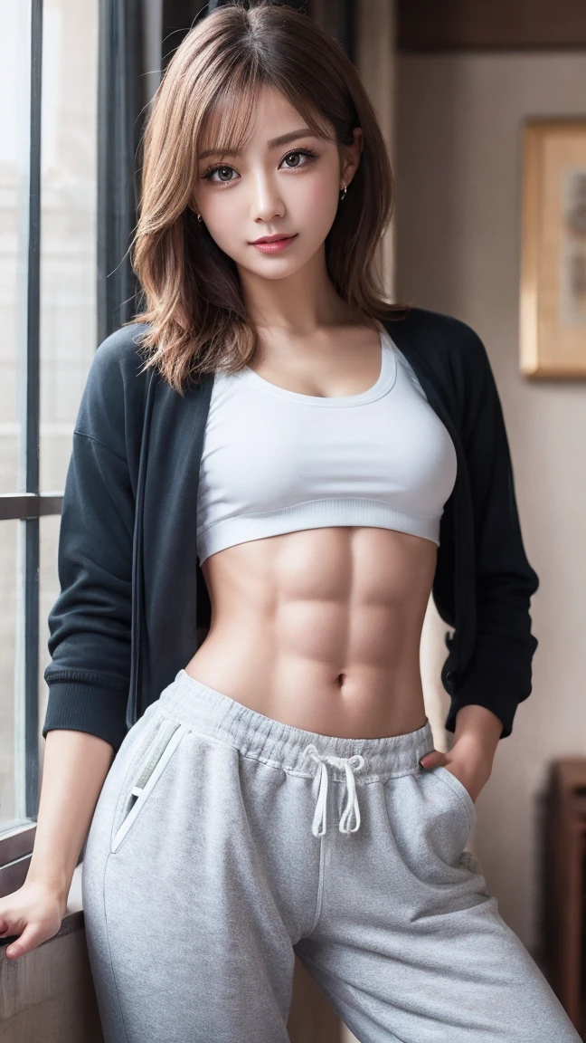 2 Caucasian women、The hair color is brown、Brown eyes、Long Hair、Straight hair、Wrist Accessories、Wearing a necklace、Wearing earrings、Skin is smooth、A slim but muscular body、smile、My abs are ripped、I can see my bellybutton、Wearing a short hoodie、I&#39;Wearing hot pants、In a narrow alley lined with stone buildings in the old town、I&#39;I&#39;m leaning my ass against the wall and looking at you.
