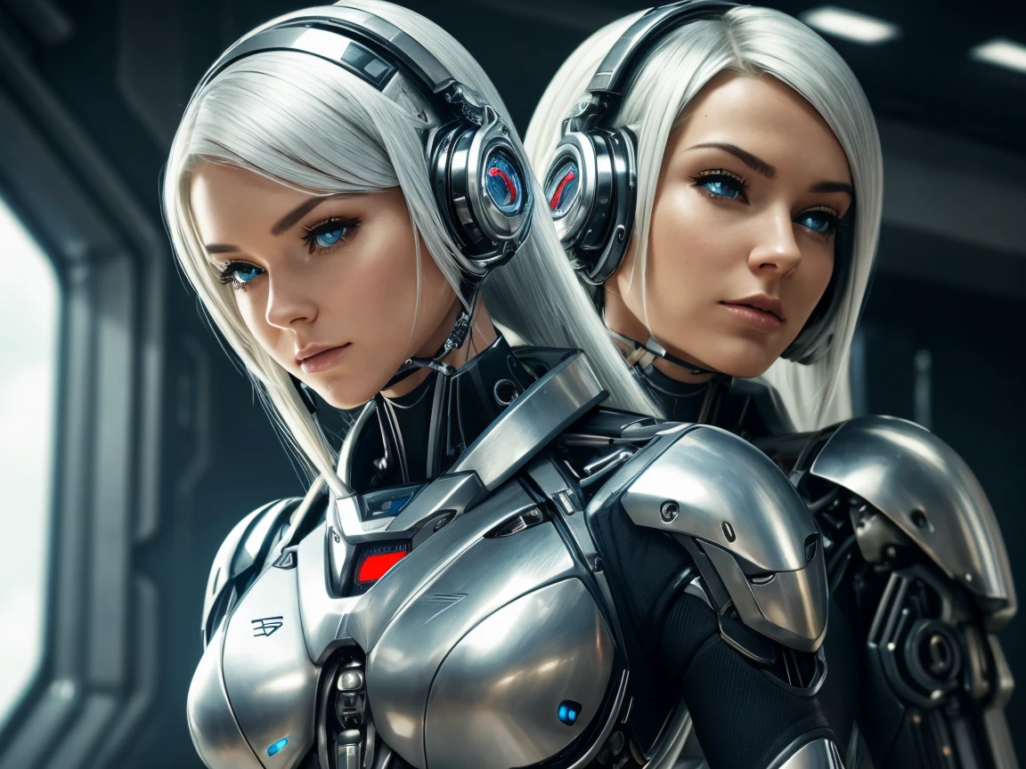 Two women. Singing and dancing on a stage. Theme is afrofuturism. Their outfits are inspired by 1960s retro. The women are dressed as cyber robot androids. High tech futuristic outfits, outfits are in sections. white. Outfits include helmets and boots. Organic materials. Barbarella, Star wars stormtrooper,