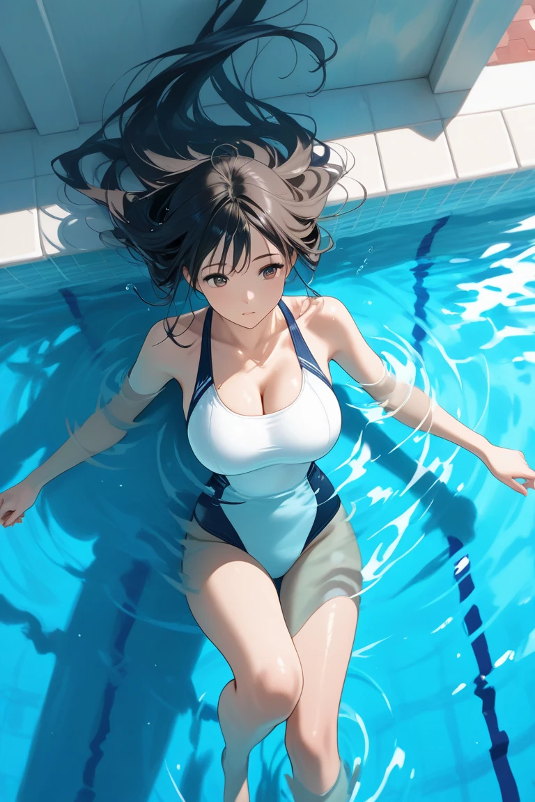 ((Top Quality)), ((Masterpiece)), ((Detail)), Perfect face, Perfact bodty, sitting on the swmming pool, listening to music, wearing headphones, wearing swimsuits, swimsuits are transparent, legs open Sitting wide open, wearing tight clothing (yes, buttocks and breasts are exposed). I see a face, one women