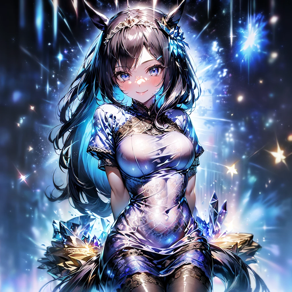 anime style, super fine illustration, highly detailed, dynamic angle, beautiful detailed, 8k, On a summer afternoon, in a photography studio, BREAK a female model is posing in front of the camera. She is wearing a white T-shirt with a colorful graffiti art-style cat illustration.