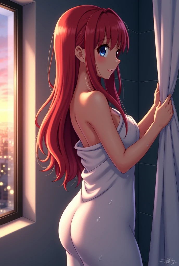 Red hair, curvy hips, slender frame, legs wide, standing bend, completely naked, no bra, no panties, view from front, facing away, bedroom at night, ((night scene:1.2))