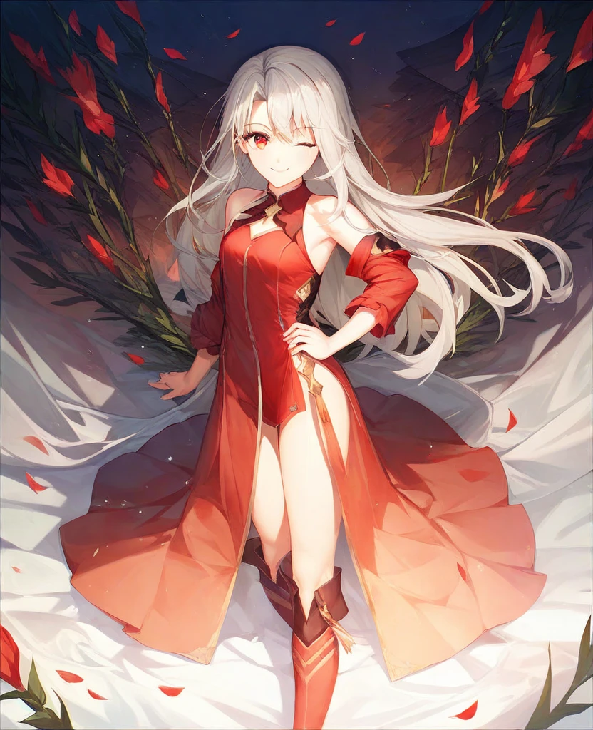 watercolor, highres, top quality, best quality, paid reward available, High-quality illustrations, unparalleled masterpiece, perfect artwork, absurdres, 1girl, kemono, furry, detailed body fur, animal face, animal hand, Archaic Smile, holding a cluster of red spider lilies in both hands, which are positioned at chest level, She is wearing a simple ring on the ring finger of her left hand, unfocused spread of red spider lilies, red coral, fan-created work shared on platforms Pixiv or Twitter,