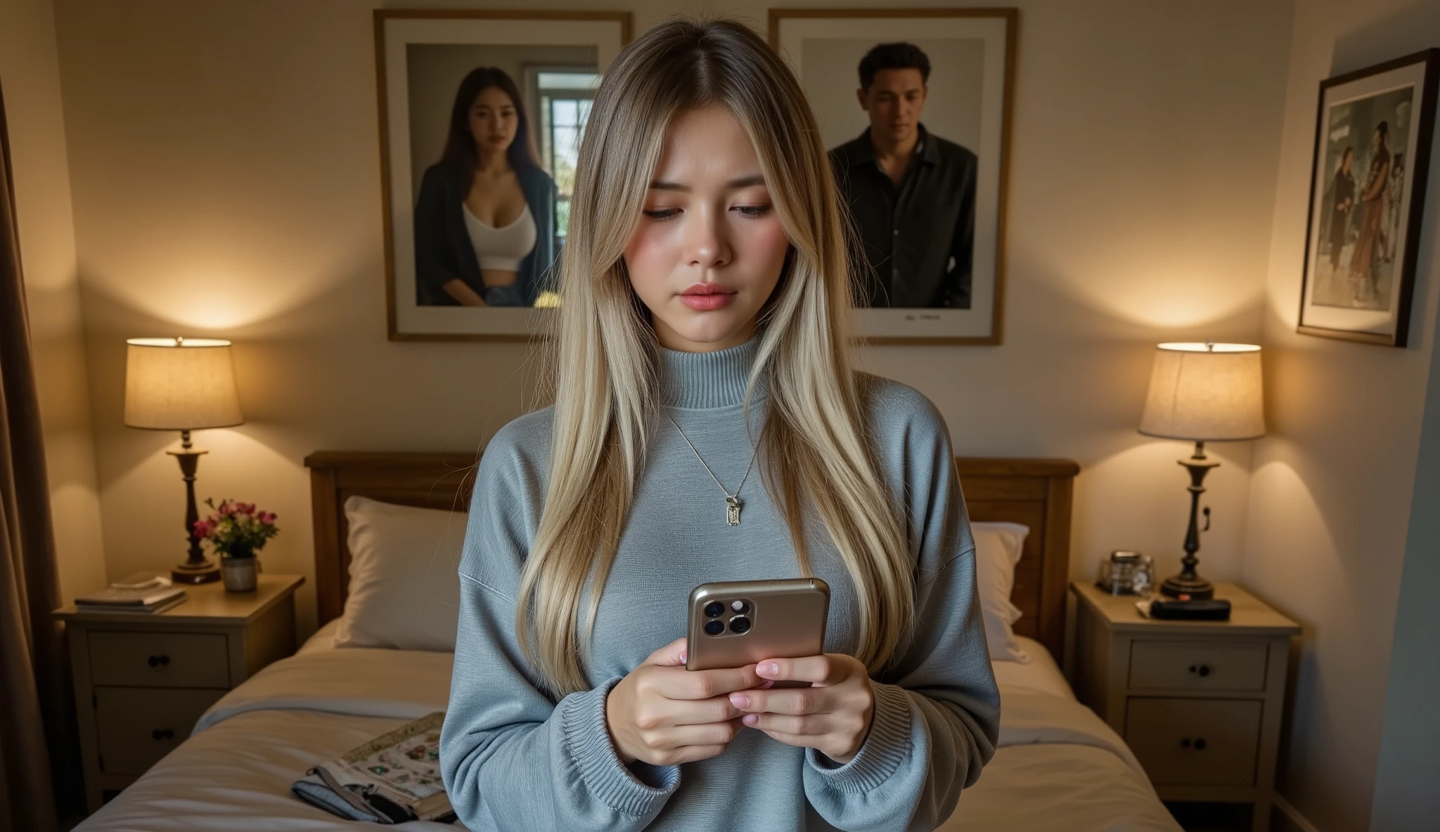 beautiful blonde woman standing in a cozy, softly lit room, looking down at her phone with a concerned and confused expression on her face, as if reflecting on a recent conversation. Her body language is slightly tense, as if she's trying to make sense of the emotional impact the conversation had on her. In the background, the soft glow of warm lights contrasts with the cooler tones around her, symbolizing the emotional tension. She's wearing a casual yet stylish outfit: a loose, light grey sweater with a slight turtleneck, paired with dark jeans that fit comfortably. Her long blonde hair flows loosely around her shoulders in gentle waves, catching the light. The atmosphere is quiet, almost reflective, with the phone in her hand being the focal point. The scene captures the moment after a conversation, where she’s feeling emotionally drained, but unsure why. A subtle image of a blurred conversation thread or a faint image of two figures talking can appear in the background to hint at the idea of a toxic or misunderstood