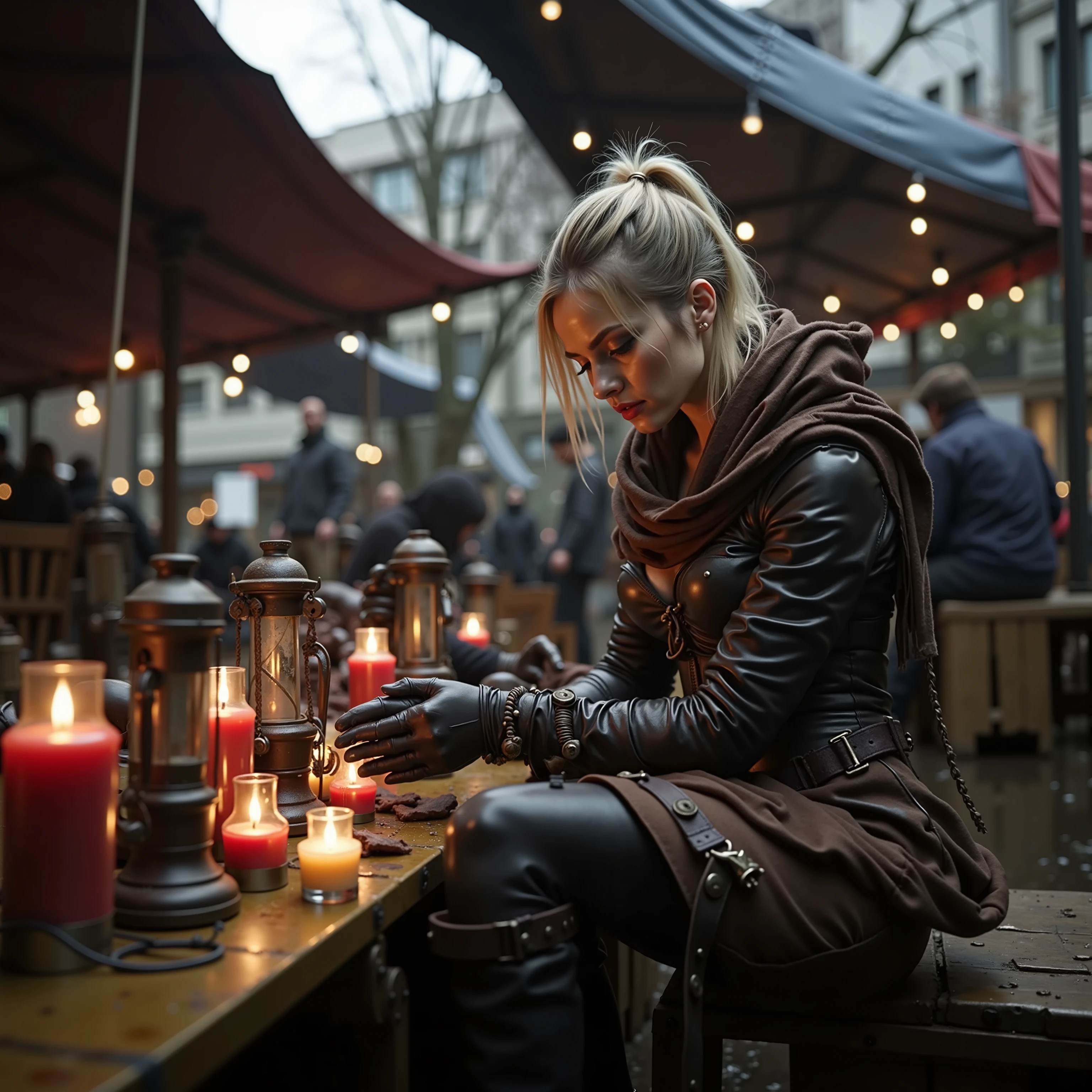 Dirty Korean woman Sitting at a dirty post-apocalyptic outdoor market, the individual wears an intricately detailed dark brown leather outfit, adorned with a rich, textured scarf. Gloves complement the look, as they lean over a rustic wooden table, surrounded by warm glowing lanterns. The dim lighting casts soft shadows, creating a dirty, mysterious atmosphere. Hanging red cloth and various market items decorate the background under a canopy, with the scene subtly framed by the damp reflections on the cobblestone ground. Autumn leaves and overcast skies hint at a chilly day, further enhancing the moody post-apocalyptic setting.