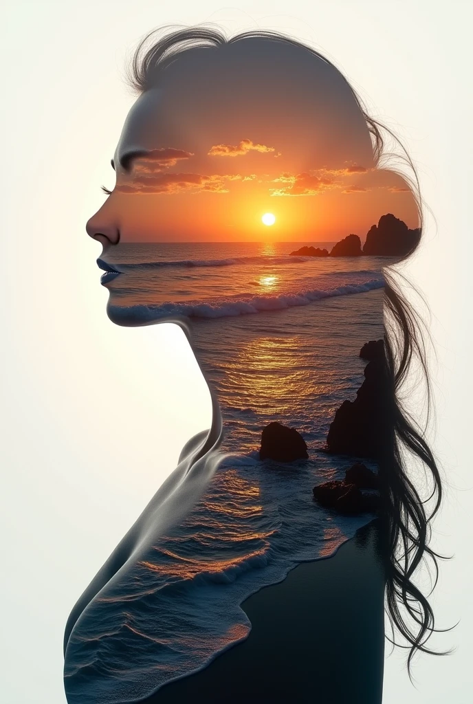 high quality, 8K Ultra HD, A beautiful double exposure that combines an goddess silhouette with sunset coast, sunset coast should serve as the underlying backdrop, with its details incorporated into the goddess , crisp lines, The background is monochrome, sharp focus, double exposure, by yukisakura, awesome full color,