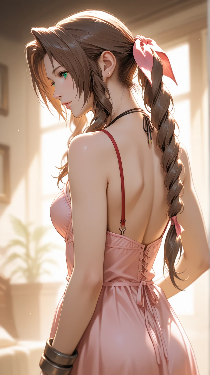 (((Highest quality, Ultra-high resolution、The most complex and detailed depiction)))、((masterpiece:1.3)), (8k, RAW Photos, Best image quality: 1.4), Very detailedな顔、Attention to detail、(Beautiful woman:1.4),(Realistic:1.4) (8k, RAW Photos,), (photo-Realistic:1.2), Very detailed, Beautiful attention to detail, (girl:1.3)Dark eyeliner、Eyelash length、False eyelashes、double eyelid、Brown eyes、Light fluorescent lip gloss, ((hostess:1.2)),(Huge breasts:1.6),、(Cleavage:1.2)、(((Light brown hair、braid one's hair、((Tie your braided hair behind your head,Put your braided hair up)))))、Gal-style makeup、Dark eyeliner、Black eyeliner、Heavy eye makeup、Eyelash length、False eyelashes、Eyelash length、Big eyes、Big black eyes、Big eyes、elongated nose、Heavy makeup、Face with gills、Spread your legs and look forward.、(((whole body)))、sexy、Glamorous Body、(Saggy breasts、Large saggy breasts)、((Sweat、Your body is wet))、(Pink Knitwear),Looking back happily、Sit on the balcony、From the side、Beautiful nape