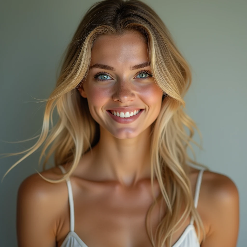 jolie fille yeux bleux, sourire dents blances, naturelle, jupe, iphone 15 pro a la main