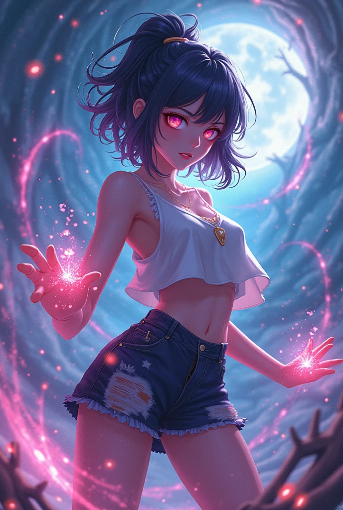 in panties,1 girl, japanese clothes, Horse tail ,by white, purple eyes, magic circle, blue Fire, blue flames, Wallpaper, landscape, blood, blood splatter, depth of field, evening, light particles, Light rays, side lighting, thighs, destiny \(series\), genshin impact, ****, open jacket, Skirt, thighs, cloud
