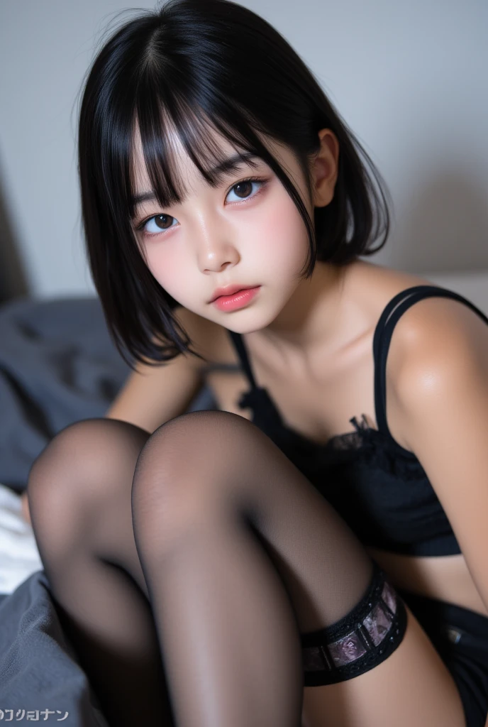 (8x_NMKD-Superscale_150000_G), (best quality), (high resolution), (masterpiece), (((to get down on all fours))), (Castle basement), ((short, black hair)), ((cute, baby face)), ((flat chest)), ((24 years old, 1 beautiful girl)), ((collar around neck)), ((frilled bra, panties)), Japanese