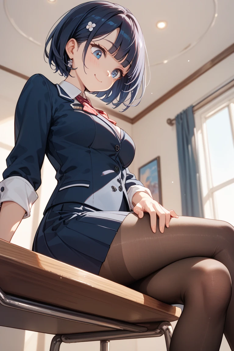 Top quality, masterpiece, High resolution, (whole body), front, Symmetric, Mature , alone, (whole body from head to toe), Small breasts, Long Hair, slightly Messy Hair, (black tights), ( (Black Pantyhose), Black Pantyhose, (composition where she is made to sit and lift her foot and make her foot open), (Arms tied, Put your arms behind your back), composition Showing white panties, slender beautiful foot, Very beautiful 17 year old girl (No shoes) foot), Blushing, Shy big eyes, Messy Hair, looking at the camera, Showing white panties, White frilly lingerie, High Blazer, High white blouse, High with blue ribbon, High length with short check pattern and navy pleated skirt