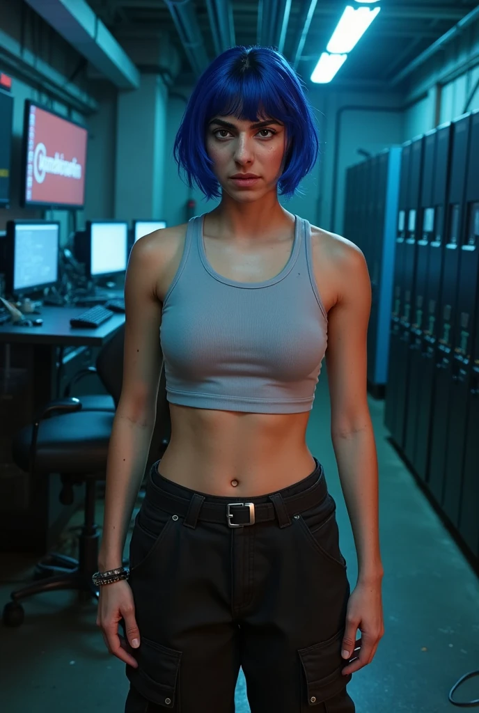 Dark Cinematic Still, Action movie set, Beautiful Ultra Sexy Very Mischievous Female Hottest Professional DJ in Las Vegas with cyan wild Hair, Sexy Torn Red mini Skirt, Trendy green Crop top midriff, | Dancing near lots of Complex DJ digital turntables and Music equipment lots of neon colors and lighting | Depth of Field | (Fujifilm XT3 Sigma f/1.4, ZEISS lens) | HDR Color
