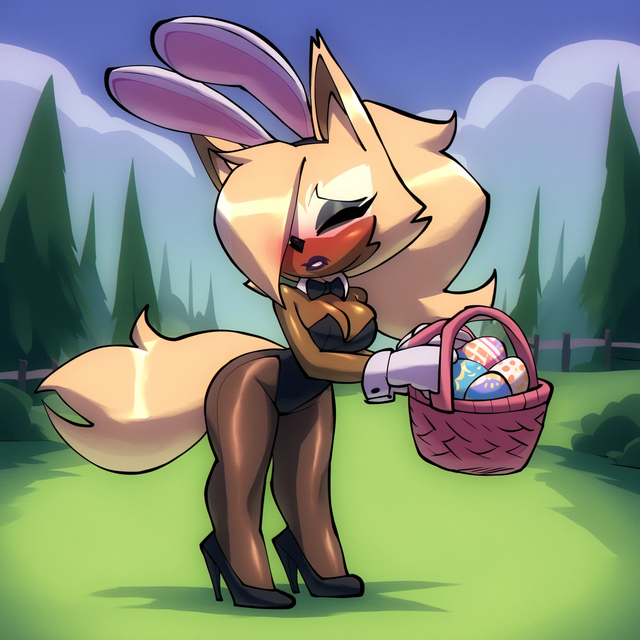 (Whisper the Wolf), (Bigdad/character), wolf ears, long quills, closed eyes, female, playboy bunny outfit, bunny girl, leotard, tights, bunny ear hair band, white gloves, makeup, lipstick, ((long hair)), (hair down), solo, standing, outdoors, Easter, cleavage, carrying basket, fuzzy fur, flushed, shy, petite pose