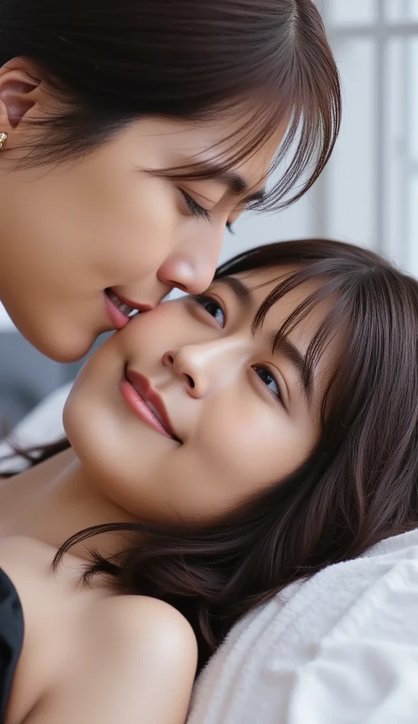 A couple surprising the other with a gift or sharing a tender moment like a hug or kiss.